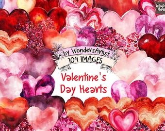 Watercolor Valentine's Hearts Clipart: 104 PNG Graphics (Digital Download)