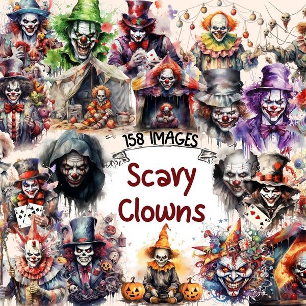 Scary Clowns Aquarelle Clipart Bundle - 158 PNG Halloween Clown Images, Spooky Creepy Graphics, Téléchargement numérique instantané, Utilisation commerciale