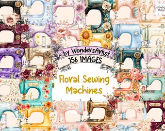 Watercolor Floral Sewing Machine Clipart: Craft Graphics Bundle (156 PNG) (Digital Download)