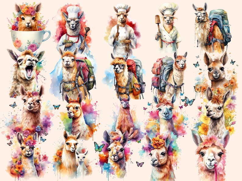 K&ouml;nnte beinhalten: Eine Sammlung von Aquarell-Illustrationen mit Lamas in verschiedenen Posen und Umgebungen. Einige Lamas tragen H&uuml;te, andere tragen Rucks&auml;cke und einige sind von Blumen umgeben. Die Illustrationen sind in einem lebendigen und farbenfrohen Stil gemalt.