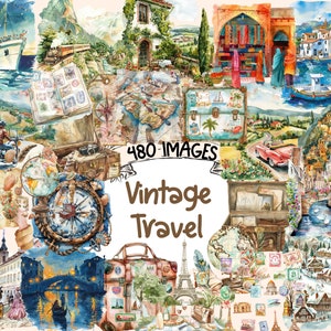 Vintage Travel Watercolor Clipart Bundle - 480 PNG Retro Journey Images, Classic Travel Graphics, Instant Digital Download, Commercial Use