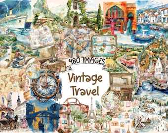 Vintage Travel Watercolor Clipart Bundle: 480 Retro PNG Images (Digital Download)