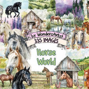 Horse World Watercolor Clipart Bundle - 335 PNG Majestic Horse Images, Cute Equestrian Graphics, Instant Digital Download, Commercial Use