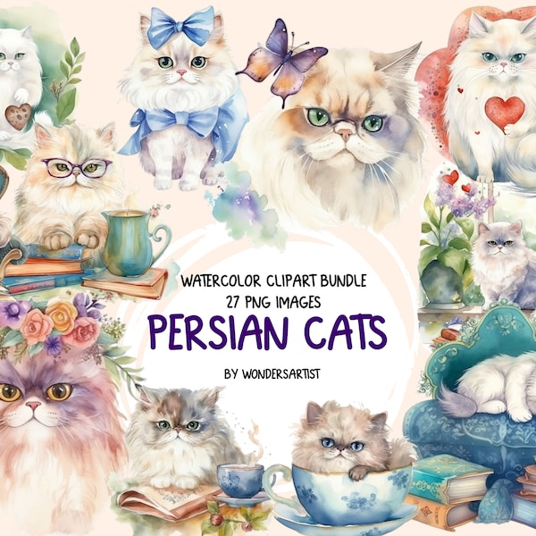 Watercolor Persian Cat Clipart - 27 Cute Kittens Pastel Bundle, Magical Fairytale Style, Adorable Pet Stickers, PNG,Instant Digital Download