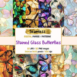 Stained Glass Butterflies Seamless Digital Paper - Vibrant Textures Backgrounds, Printable Scrapbook, Instant Download, Commercial Use