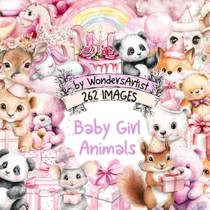 Baby Girl Animals Watercolor Clipart Bundle - 262 PNG Cute Animal Images, Little Adorable Illustrations, Instant Download, Commercial Use