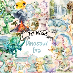 Dinosaur Era Watercolor Clipart Bundle - 264 PNG Prehistoric Dino Images, Ancient Reptile Graphics, Instant Digital Download, Commercial Use