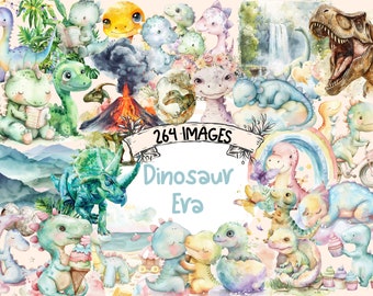 Watercolor Dinosaur Clipart Bundle: 264 Dino PNG Images (Digital Download)