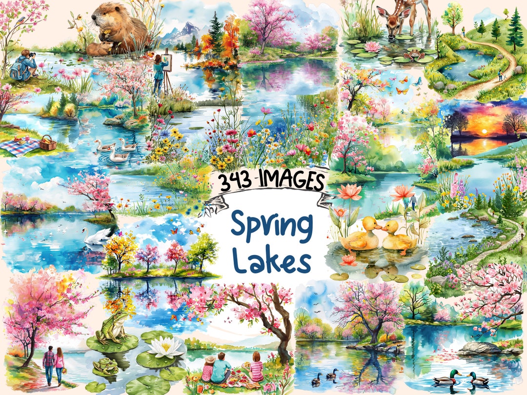 Spring Lakes Watercolor Clipart Bundle: 343 Serene Landscape PNG Images ...