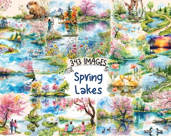 Spring Lakes Watercolor Clipart Bundle: 343 Serene Landscape PNG Images (Digital Download)