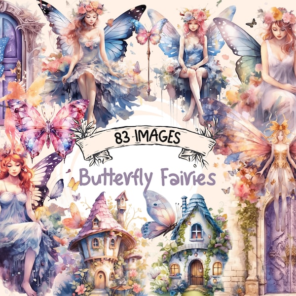 Butterfly Fairies Watercolor Clipart Bundle - 83 Magical Fairytale Illustrations, Cute Storybook,PNG,Instant Digital Download,Commercial Use