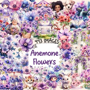 Anemone Flowers Watercolor Clipart Bundle - 443 PNG Colorful Flower Images, Floral Blossom Graphics, Instant Digital Download,Commercial Use