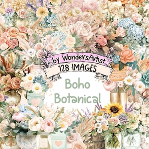 Boho Botanical Watercolor Clipart Bundle - 128 PNG Rustic Plant Images, Bohemian Floral Illustrations, Instant Download, Commercial Use