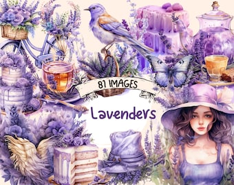 May include: A watercolor illustration of lavender flowers, a bluebird, a teapot, a butterfly, a cake, a cup of tea, a bicycle, and a woman wearing a lavender hat. The illustration is surrounded by a banner that reads "81 Images - Lavenders".