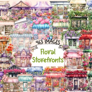 Puede incluir: Un collage de ilustraciones de acuarela de escaparates florales. La imagen presenta 463 imágenes de escaparates coloridos con flores, vegetación y toldos. El texto "463 IMAGES" y "Floral Storefronts" es visible en el centro de la imagen.