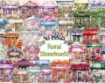 May include: A collage of watercolor illustrations of floral storefronts. The image features 463 images of colorful storefronts with flowers, greenery, and awnings. The text "463 IMAGES" and "Floral Storefronts" is visible in the center of the image.