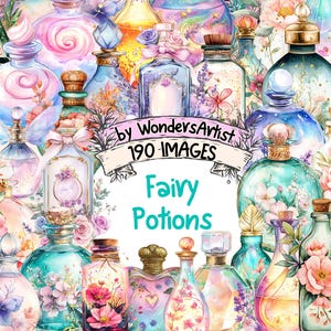Puede incluir: Una colección de 190 ilustraciones de acuarela de botellas de pociones de hadas. Las botellas están llenas de líquidos coloridos y decoradas con flores, purpurina y otros elementos caprichosos. El texto "Fairy Potions" está escrito en una fuente caprichosa.