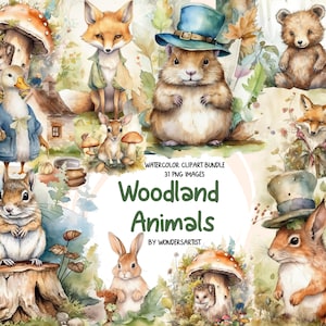 Imágenes prediseñadas de animales del bosque: 31 adorables criaturas del bosque, estilo cuento de hadas, adorables pegatinas de mascotas, PNG, descarga digital instantánea, comercial