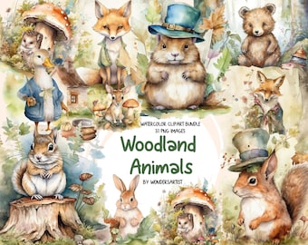 May include: Watercolor clipart bundle of woodland animals. The set includes a fox, squirrel, hedgehog, rabbit, bear, duck, and a hamster wearing a hat. The images are perfect for creating invitations, cards, and other crafts.