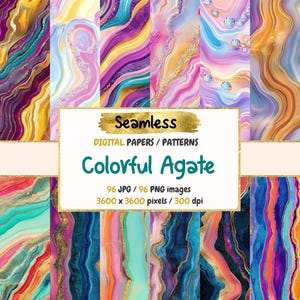 May include: A set of 96 digital papers featuring colorful agate patterns with gold accents. The papers are seamless and measure 3600 x 3600 pixels at 300 dpi.