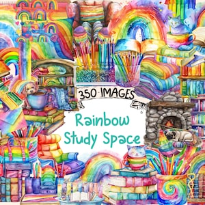 Rainbow Study Space Watercolor Clipart Bundle - 350 PNG Colorful Workspace Images, Vibrant Graphics, Instant Digital Download,Commercial Use
