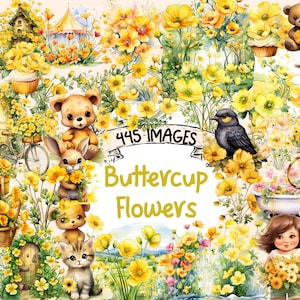 Buttercup Flowers Watercolor Clipart Bundle - 445 PNG Buttercups Flower Images, Floral Graphics, Instant Digital Download, Commercial Use
