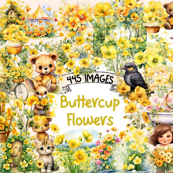 Buttercup Flowers Watercolor Clipart Bundle - 445 PNG Buttercups Flower Images, Floral Graphics, Instant Digital Download, Commercial Use