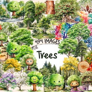 Trees Watercolor Clipart Bundle - 494 PNG Tree Images, Nature Graphics, Green Scenic Illustrations, Instant Digital Download, Commercial Use