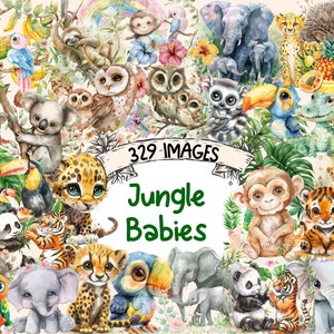 Jungle Babies Watercolor Clipart Bundle - 329 PNG Adorable Creature Images, Baby Animal Graphics, Instant Digital Download, Commercial Use