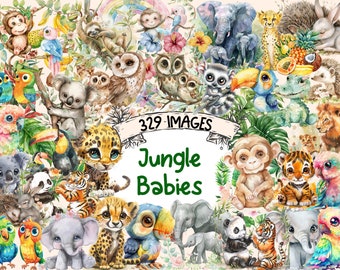 Watercolor Jungle Animal Clipart Bundle: 329 Baby Animal Graphics (Digital Download)