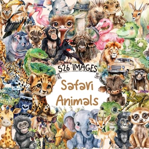 Safari Animals Watercolor Clipart Bundle - 526 PNG Wild African Images, Savannah Wildlife Graphics, Instant Digital Download, Commercial Use