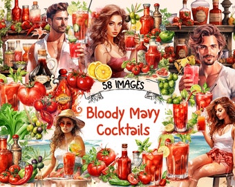 Bloody Mary Cocktail Watercolor Clipart Bundle (58 PNG Images) - Commercial Use