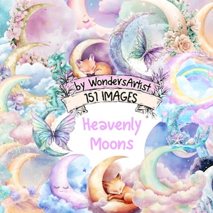Watercolor Moon Clipart Bundle: 151 Celestial Lunar PNG Images (Commercial Use, Digital Download)