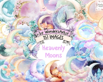 Watercolor Moon Clipart Bundle: 151 Celestial Lunar PNG Images (Commercial Use, Digital Download)