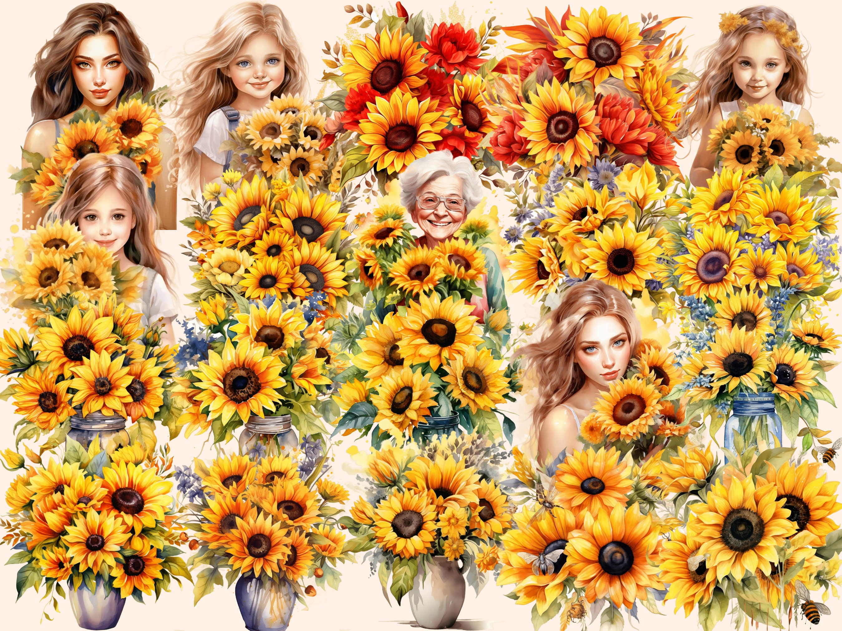 Sunflower Bouquet Watercolor Clipart: 101 PNG Floral Images (digital ...