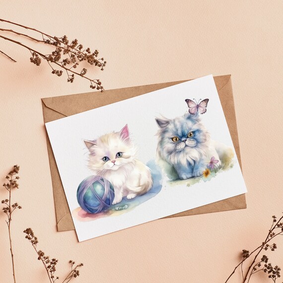 水彩画ペルシャ猫のクリップアート – かわいい子猫パステルセット（PNG