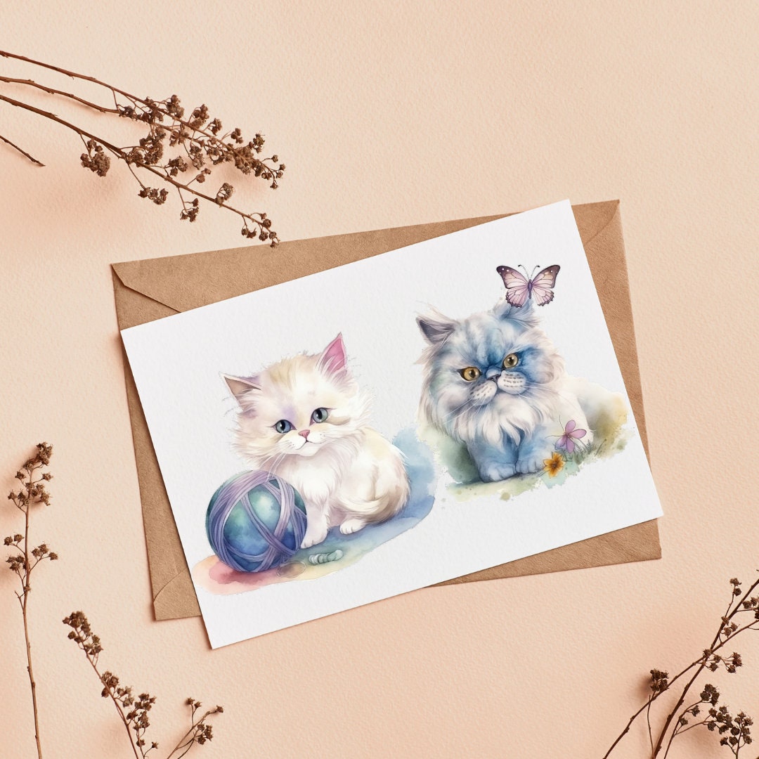 水彩画ペルシャ猫のクリップアート – かわいい子猫パステルセット（PNG