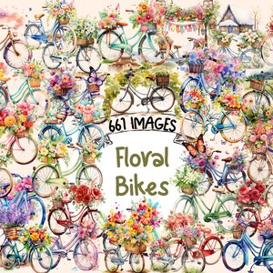 Floral Bikes Watercolor Clipart Bundle - 661 PNG Bicycle Images with Floral Accents, Flower Graphics,Instant Digital Download,Commercial Use