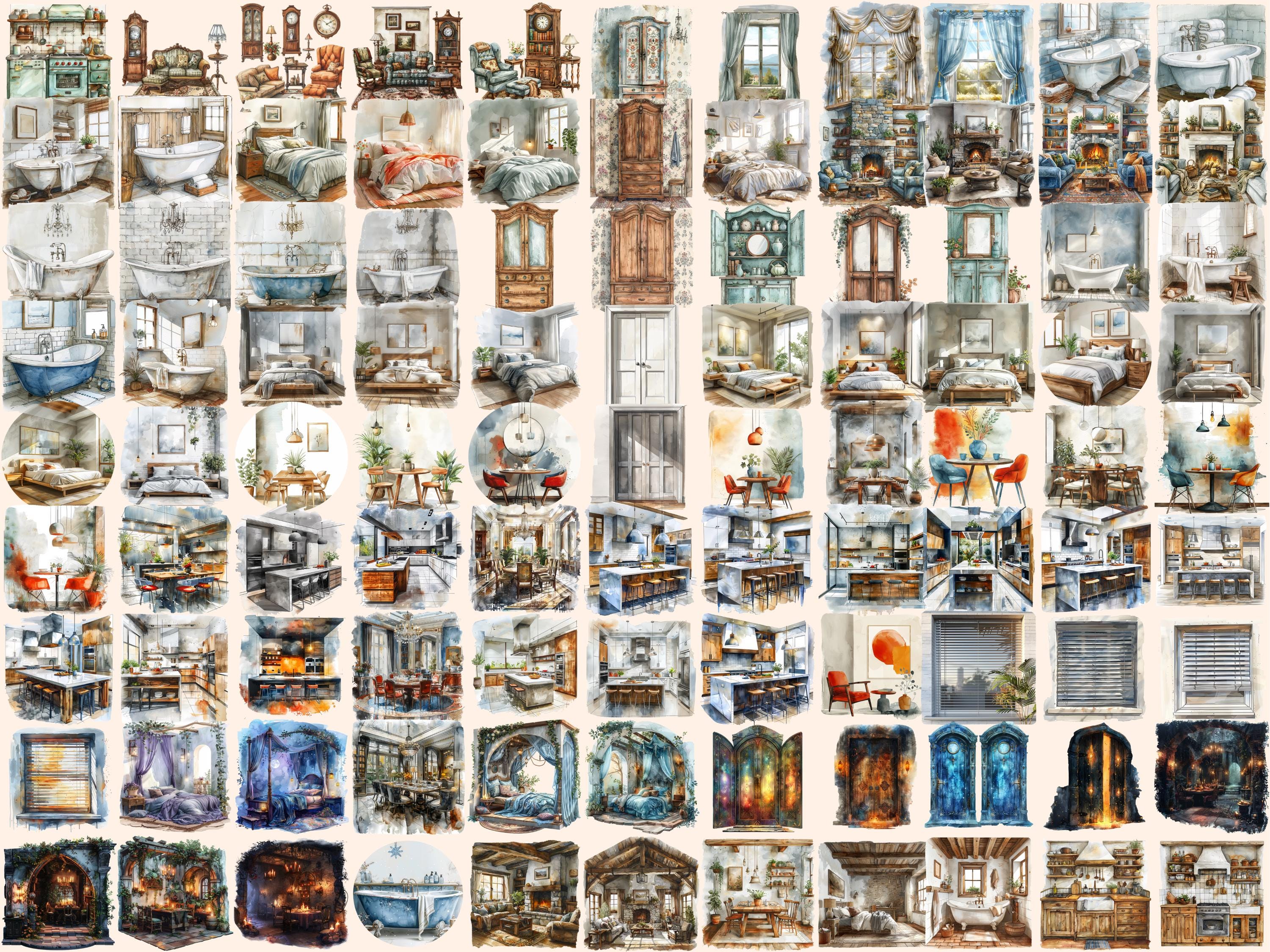 Watercolor Interior Clipart Bundle: 191 Cozy Home PNG Images (digital ...