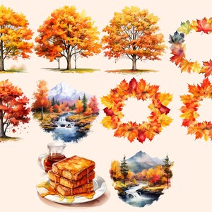 May include: Watercolour illustrations of autumn leaves in various arrangements.  The illustrations include a single tree, a wreath, a landscape with a waterfall, and a stack of French toast with maple syrup.