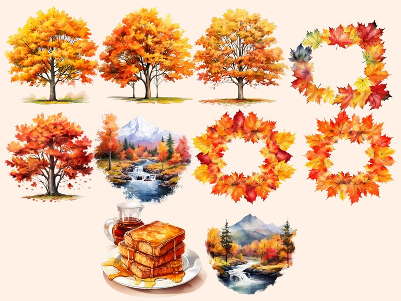 May include: Watercolour illustrations of autumn leaves in various arrangements.  The illustrations include a single tree, a wreath, a landscape with a waterfall, and a stack of French toast with maple syrup.