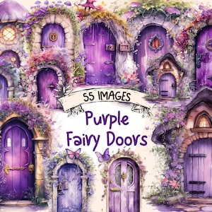 Purple Fairy Doors Watercolor Clipart Bundle - 55 Magical Enchanting Storybook Illustrations, PNG, Instant Digital Download, Commercial Use