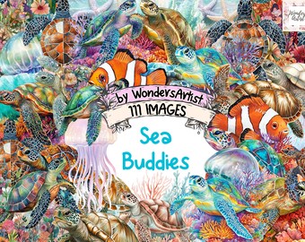 Sea Buddies Watercolor Clipart Bundle: 111 PNG Ocean Animal Graphics (Digital Download)