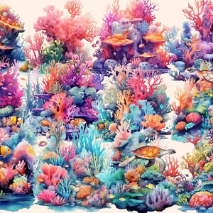 以下が含まれることがあります： カラフルなサンゴ、魚、ウミガメが描かれた、鮮やかな水彩画のサンゴ礁。サンゴ礁は、青、緑、ピンク、オレンジなど、さまざまな色合いで描かれています。