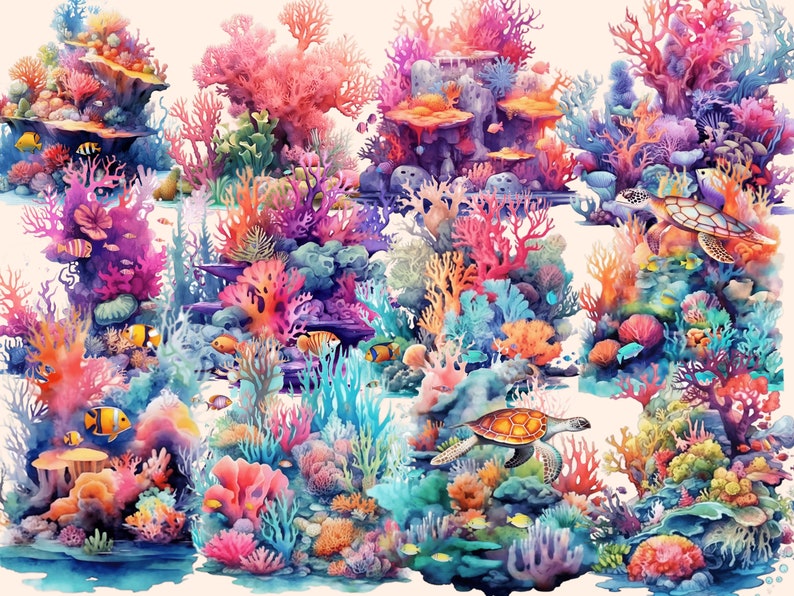 以下が含まれることがあります： カラフルなサンゴ、魚、ウミガメが描かれた、鮮やかな水彩画のサンゴ礁。サンゴ礁は、青、緑、ピンク、オレンジなど、さまざまな色合いで描かれています。