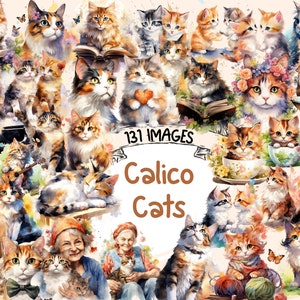 Calico Cats Watercolor Clipart Bundle - 131 PNG Cute Cat Images, Adorable Kitten Feline Graphics, Instant Digital Download, Commercial Use