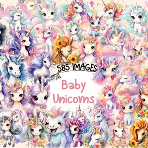 Baby Unicorns Watercolor Clipart Bundle - 585 PNG Cute Little Unicorn Images, Whimsical Graphics, Instant Digital Download, Commercial Use