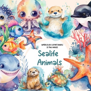 Watercolor Sea Ocean Animals Clipart - Cute Decor Bundle For Kids, Marine Creatures, Ocean Nursery, Underwater Sealife, PNG, Commercial use