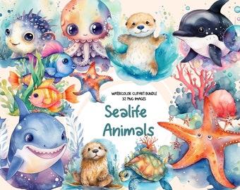 Aquarell Meer Ozean Tiere Clipart - süßes Dekor Bundle für Kinder, Meeresbewohner, Ozean Kindergarten, Unterwasserwelt, PNG, kommerzielle Nutzung