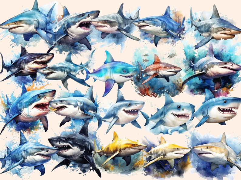 Shark Watercolor Clipart Bundle: 151 PNG Images (Commercial Use) (Digital Download) bild 6